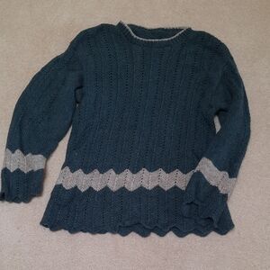 Handknit Wool Green and Gray Crew Neck Sweater with Zigzag Pattern